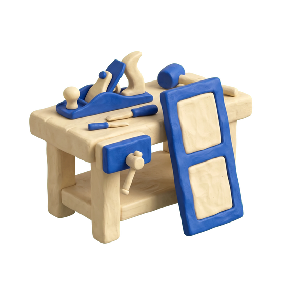 Furniture maker illustration in blue and ivory clay