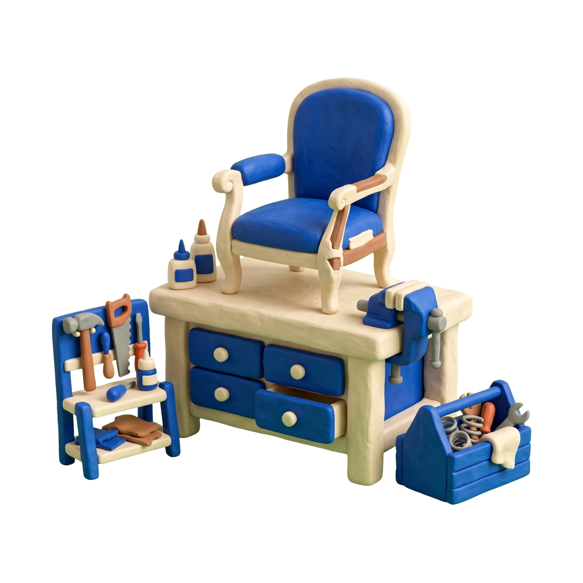 Furniture repair shop illustration in blue and ivory clay