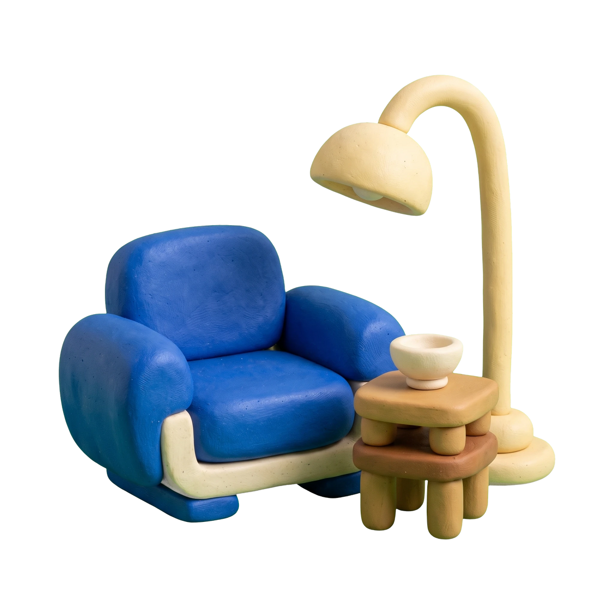 Furniture store illustration in blue and ivory clay