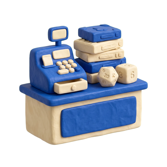 Game store illustration in blue and ivory clay