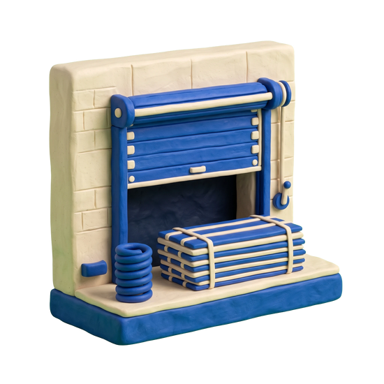 Garage door supplier illustration in blue and ivory clay