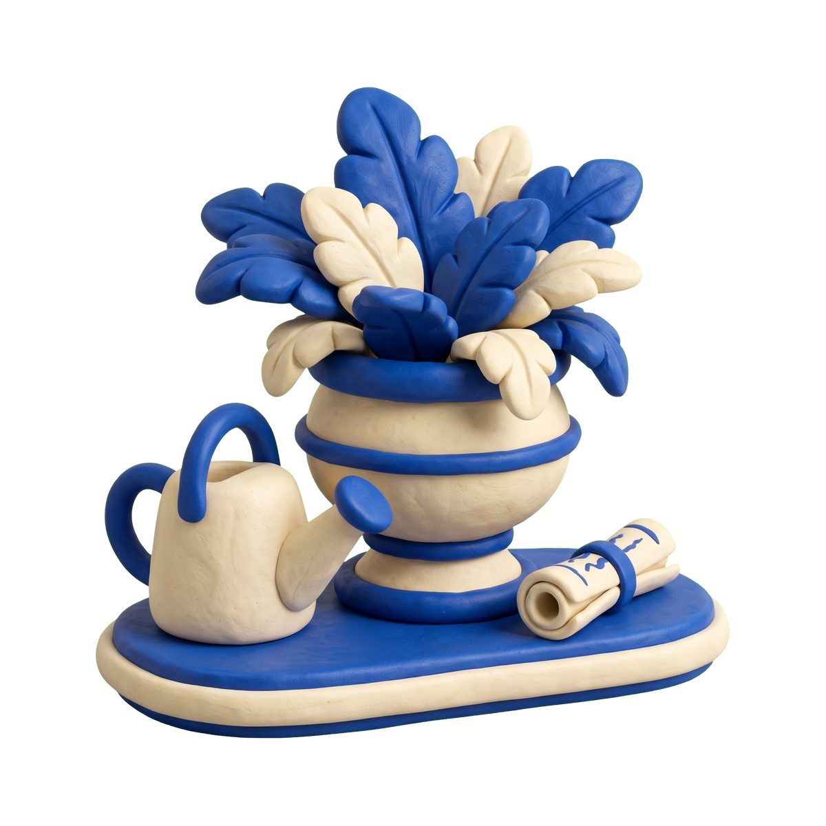 Garden illustration in blue and ivory clay