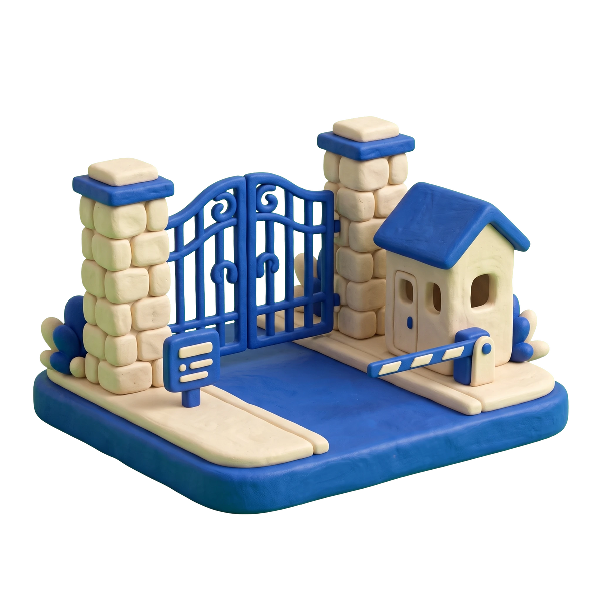 Gated community illustration in blue and ivory clay