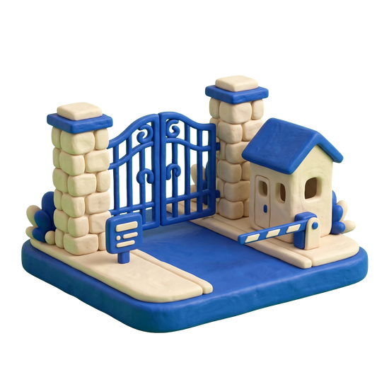 Gated community illustration in blue and ivory clay
