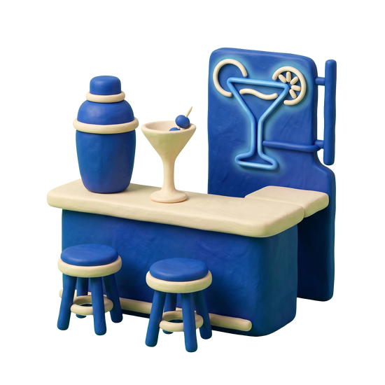 Gay bar illustration in blue and ivory clay