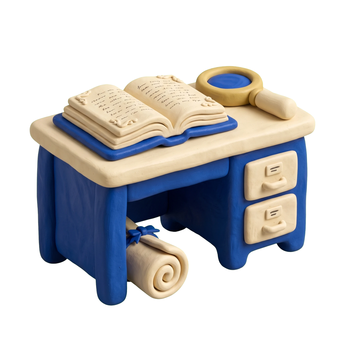 Genealogist illustration in blue and ivory clay