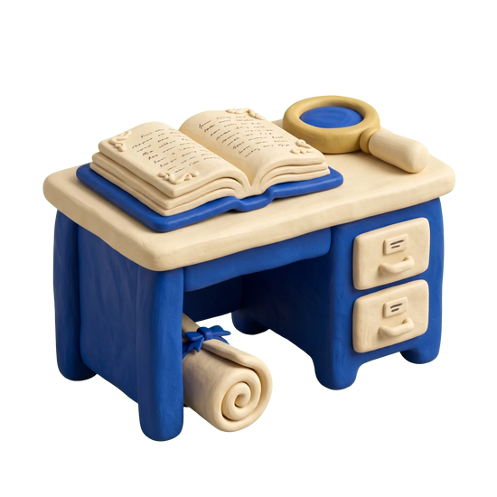 Genealogist illustration in blue and ivory clay