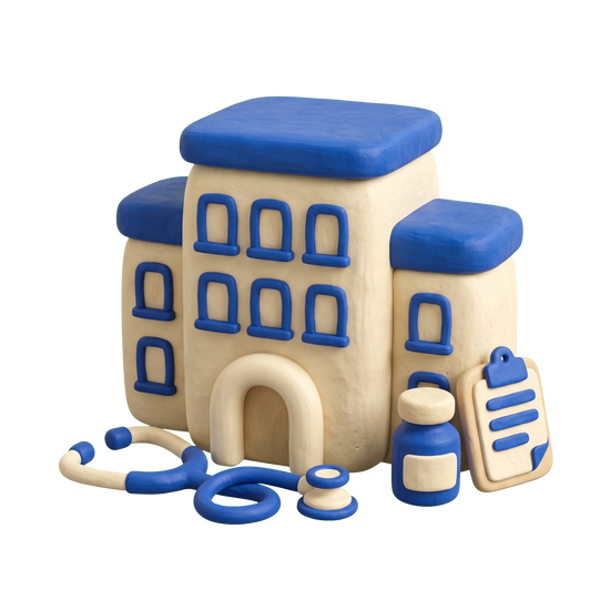 General hospital illustration in blue and ivory clay