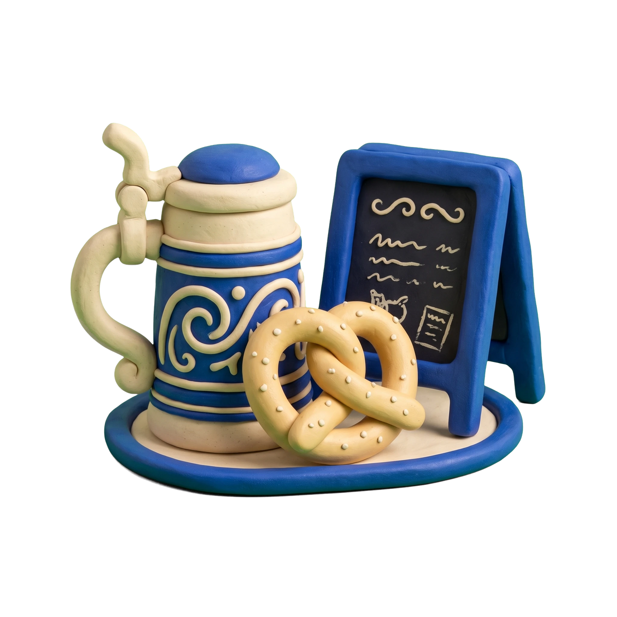 German restaurant illustration in blue and ivory clay