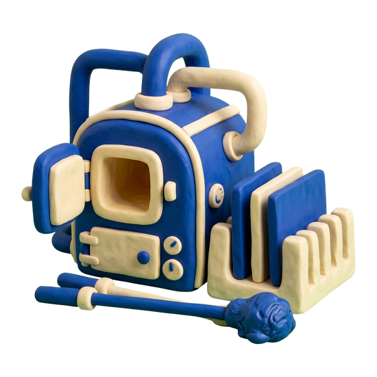 Glass manufacturer illustration in blue and ivory clay