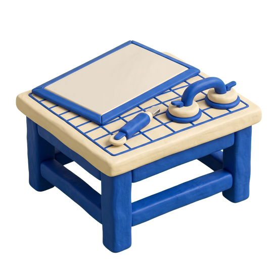 Glass & mirror shop illustration in blue and ivory clay