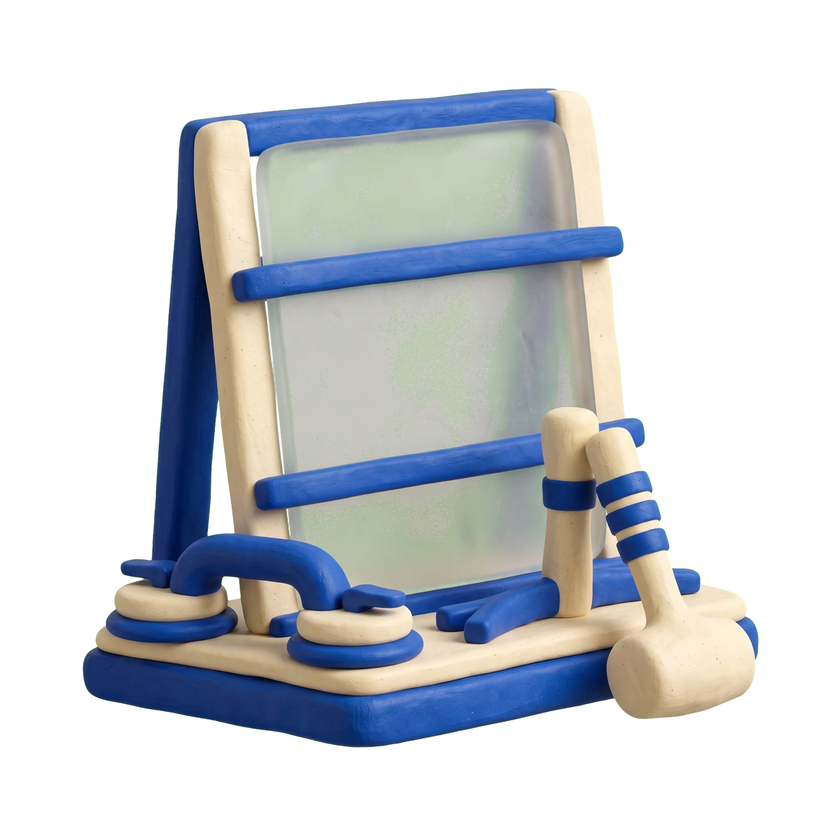 Glass shop illustration in blue and ivory clay