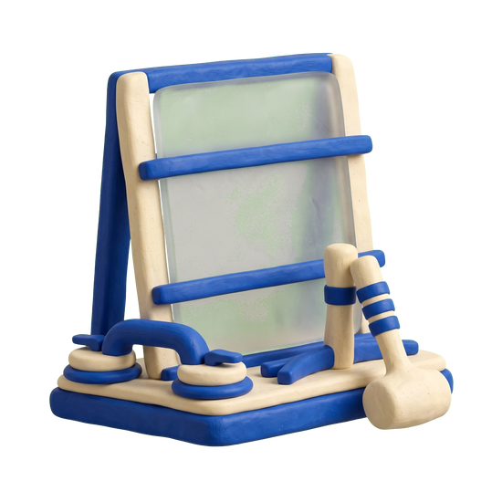 Glass shop illustration in blue and ivory clay