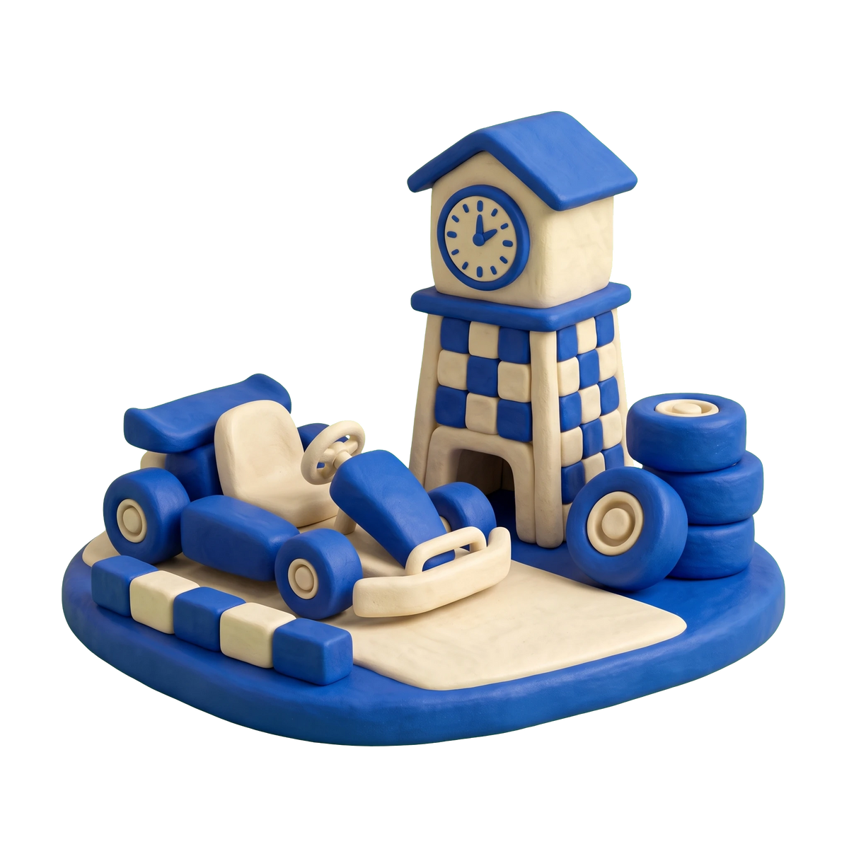 Go-karting venue illustration in blue and ivory clay