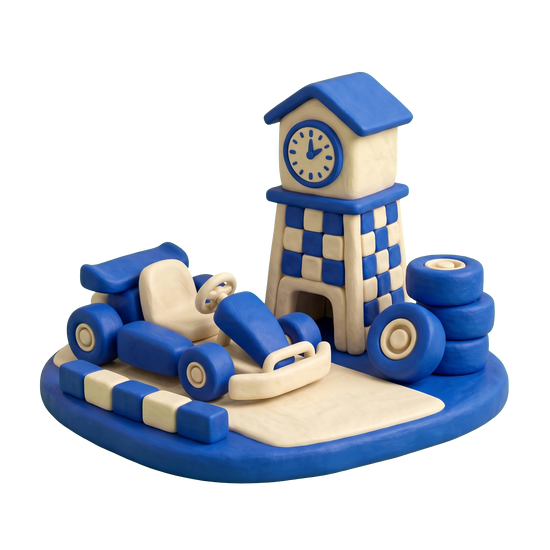 Go-karting venue illustration in blue and ivory clay