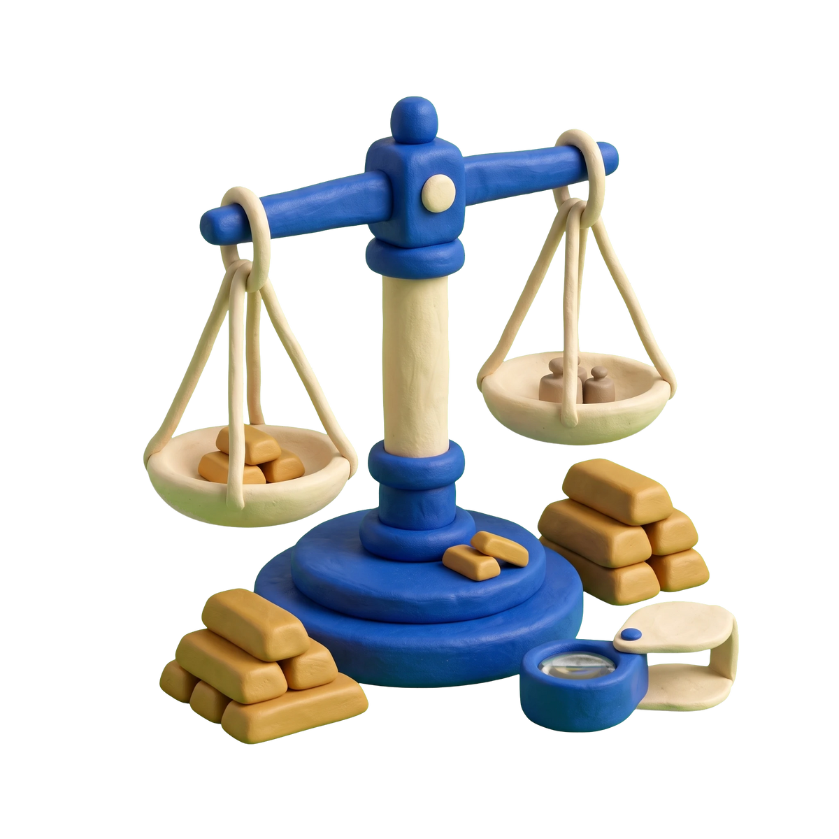 Gold dealer illustration in blue and ivory clay
