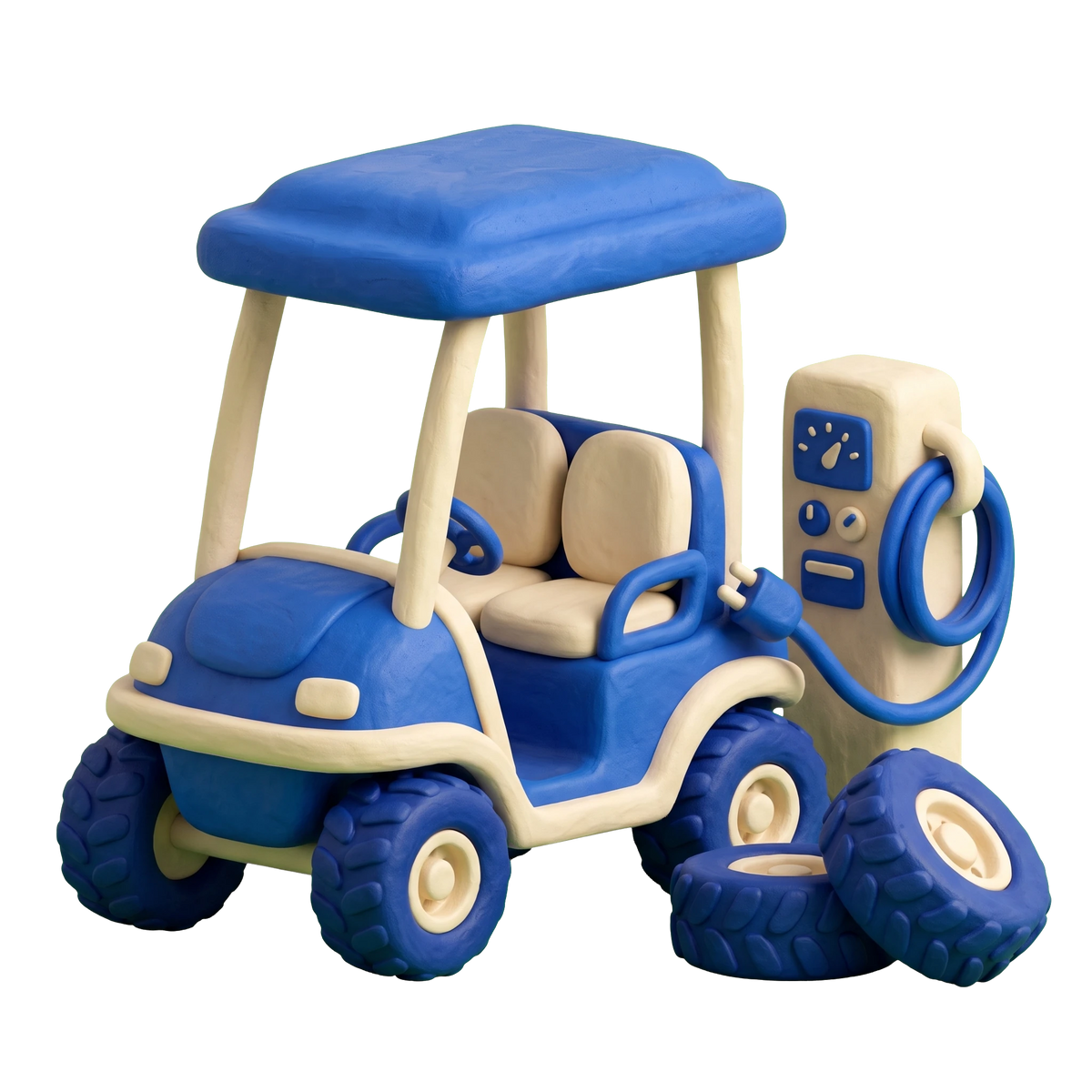 Golf cart dealer illustration in blue and ivory clay