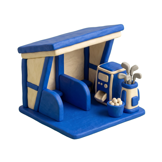 Golf driving range illustration in blue and ivory clay