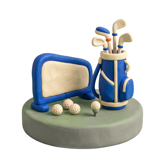 Golf instructor illustration in blue and ivory clay