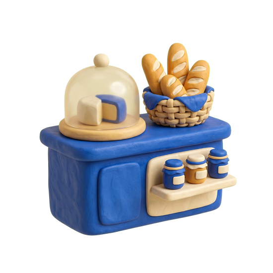 Gourmet grocery store illustration in blue and ivory clay