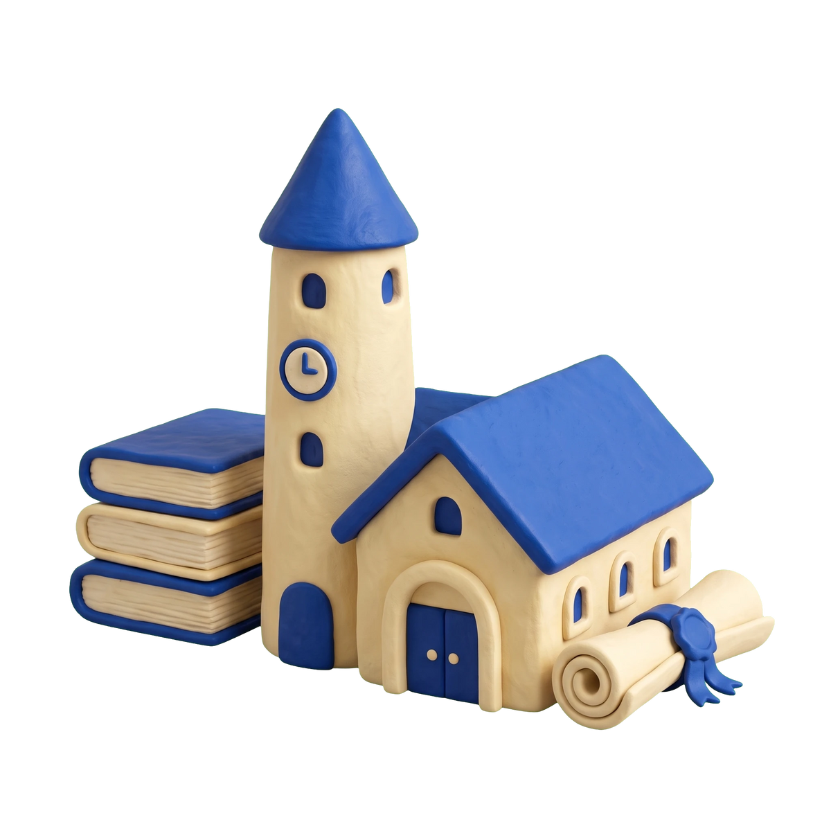 Graduate school illustration in blue and ivory clay