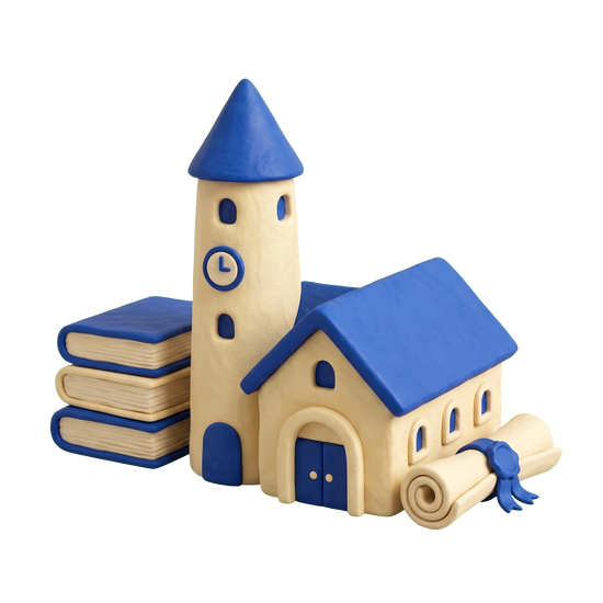 Graduate school illustration in blue and ivory clay