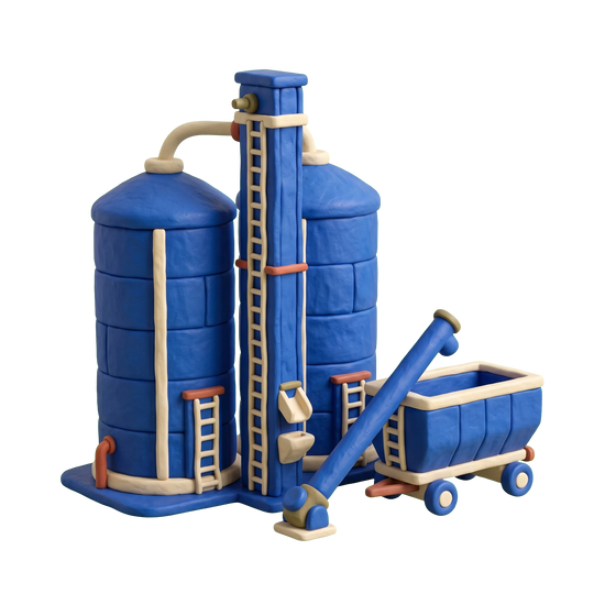 Grain elevator illustration in blue and ivory clay