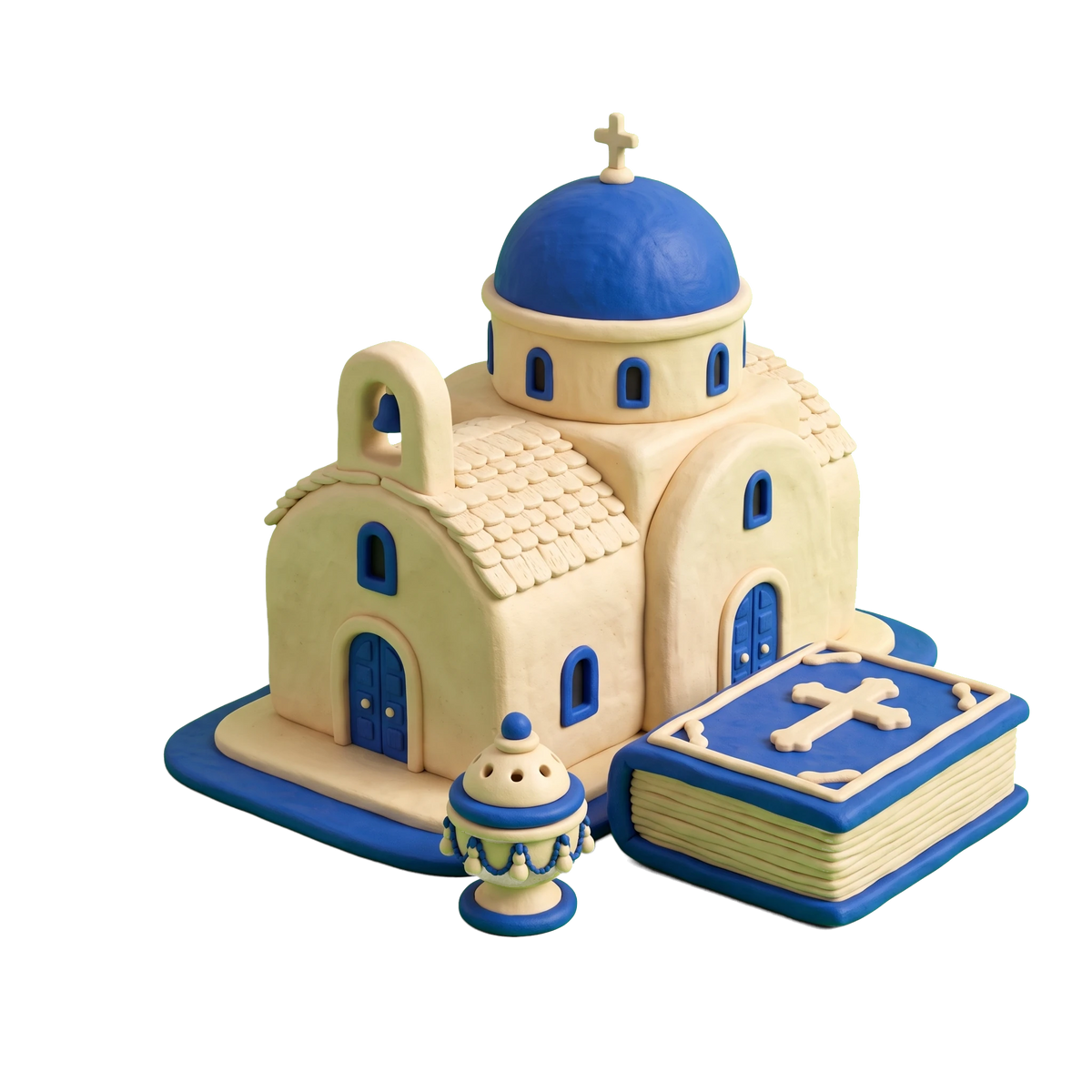 Greek Orthodox church illustration in blue and ivory clay