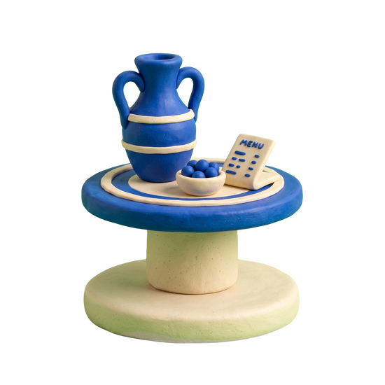 Greek restaurant illustration in blue and ivory clay