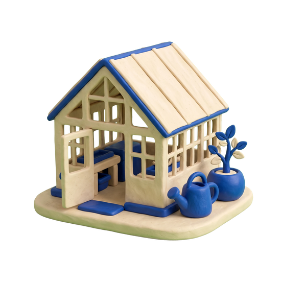 Greenhouse illustration in blue and ivory clay
