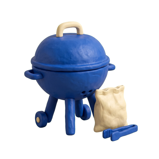 Grill store illustration in blue and ivory clay