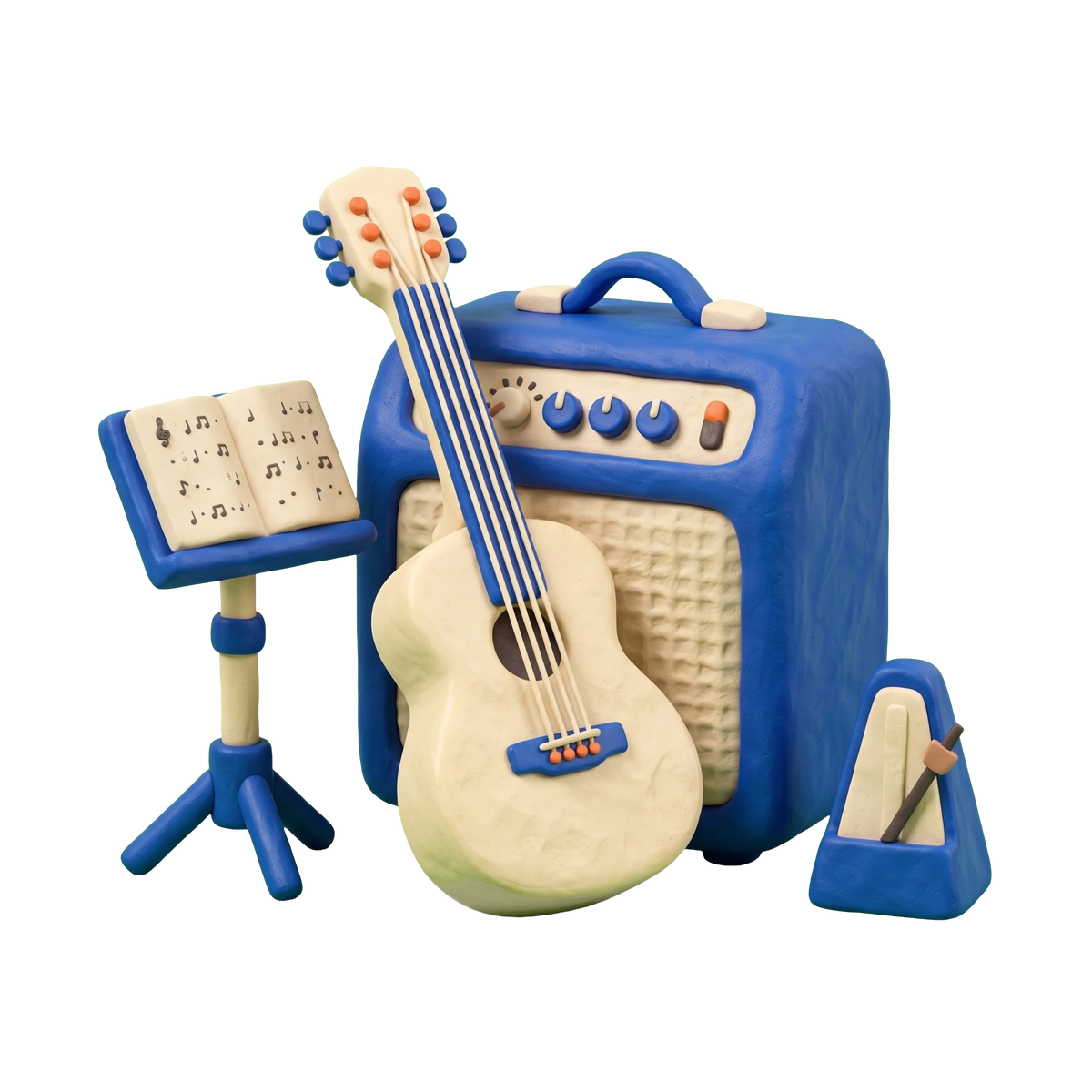 Guitar instructor illustration in blue and ivory clay