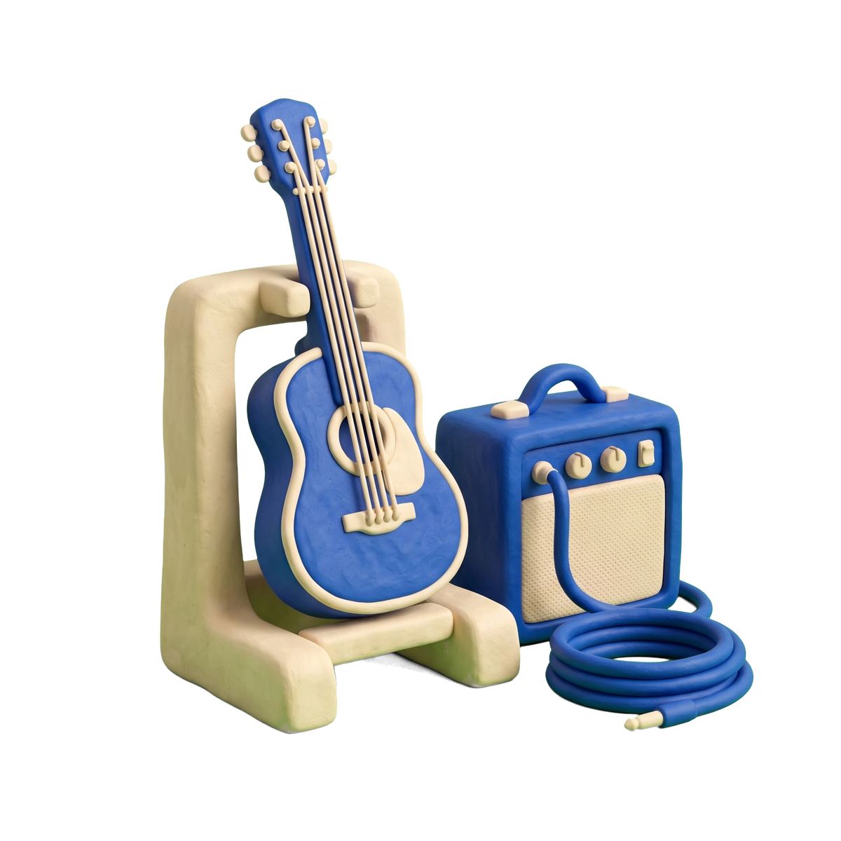 Guitar store illustration in blue and ivory clay