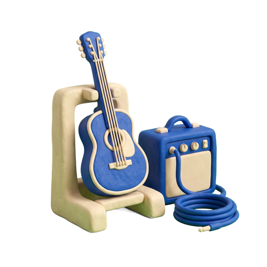 Guitar store illustration in blue and ivory clay
