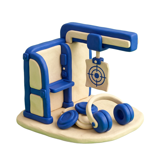 Gun club illustration in blue and ivory clay