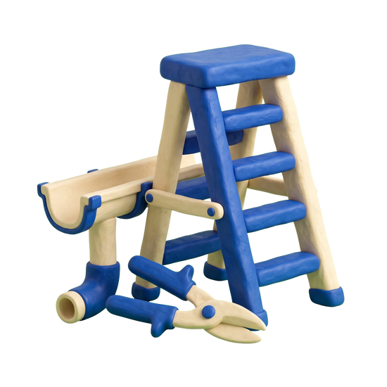 Gutter service illustration in blue and ivory clay