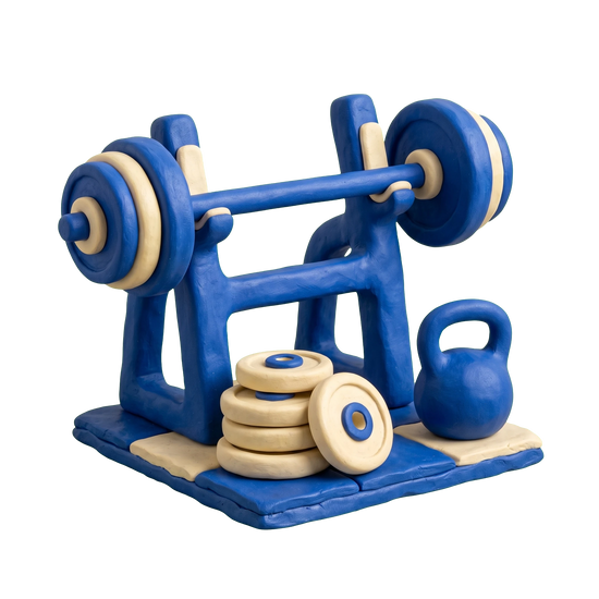Gym illustration in blue and ivory clay