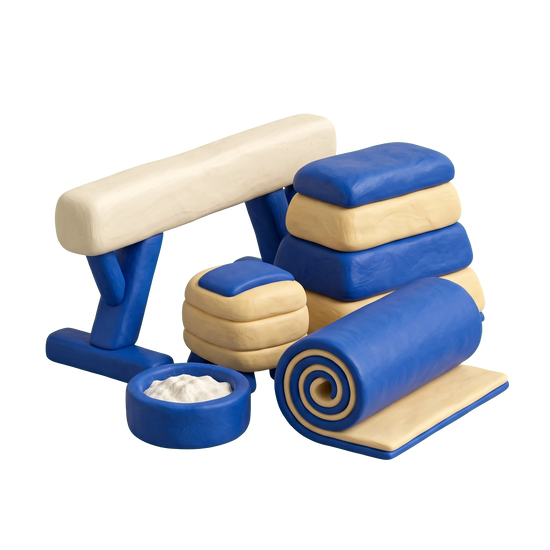 Gymnastics club illustration in blue and ivory clay
