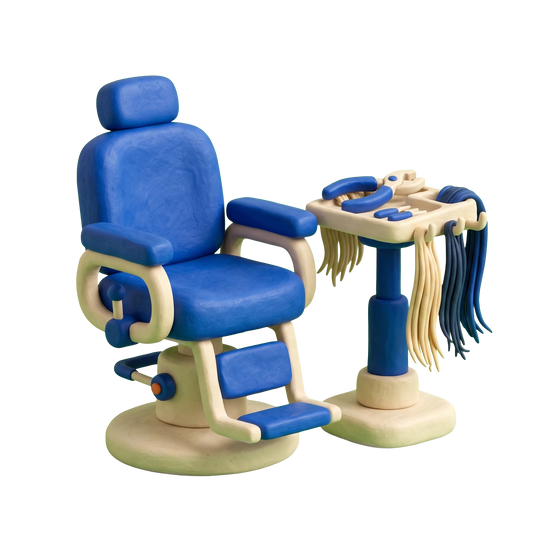Hair extension technician illustration in blue and ivory clay