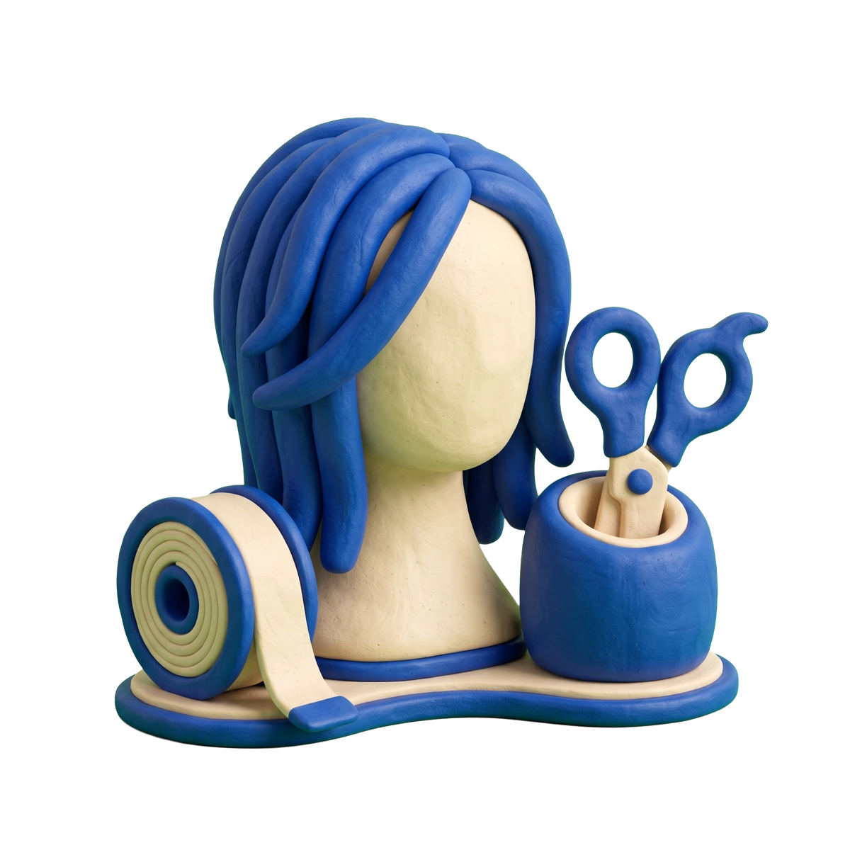 Hair extensions supplier illustration in blue and ivory clay