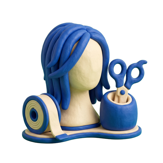 Hair extensions supplier illustration in blue and ivory clay