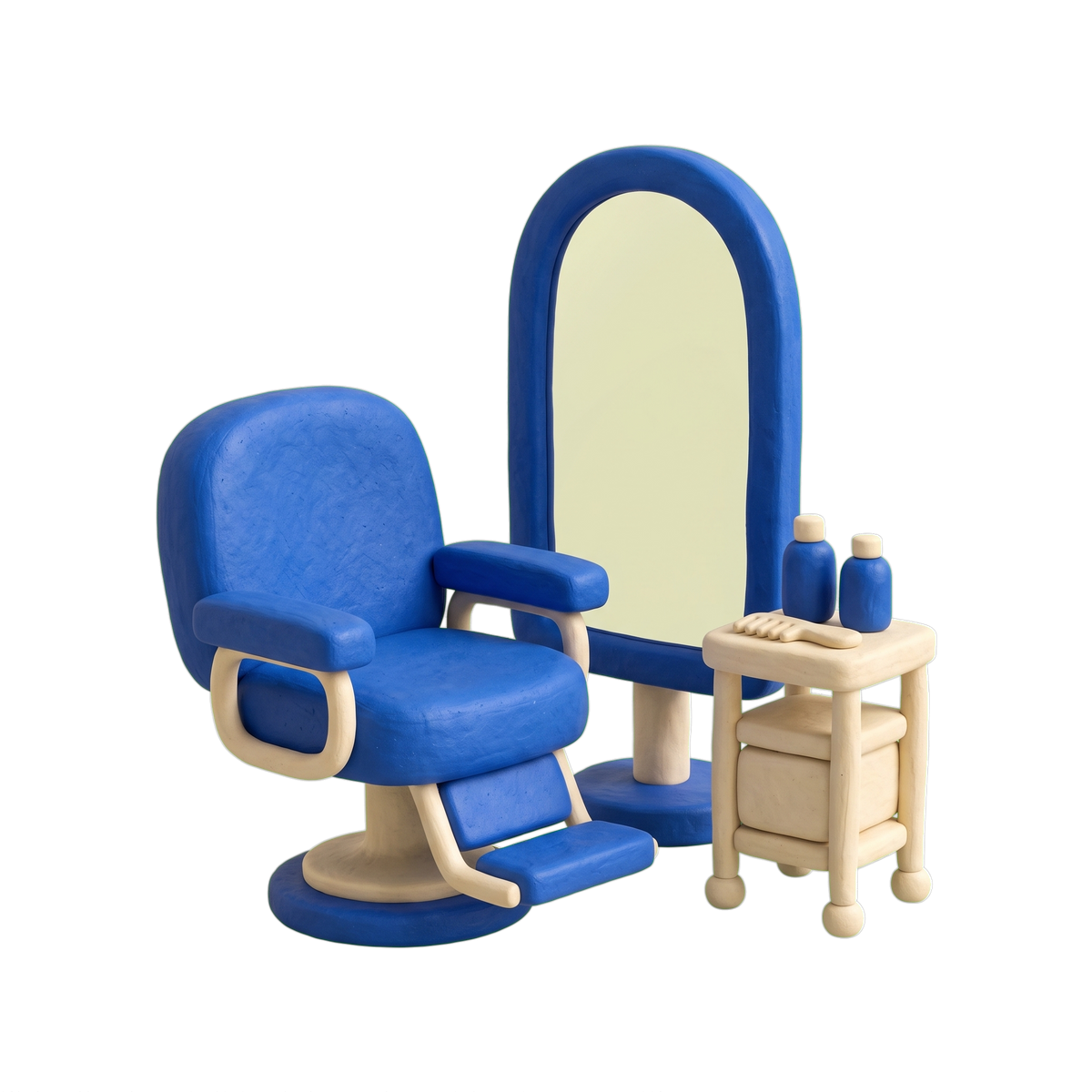 Hair salon illustration in blue and ivory clay