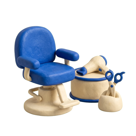 Hairdresser illustration in blue and ivory clay