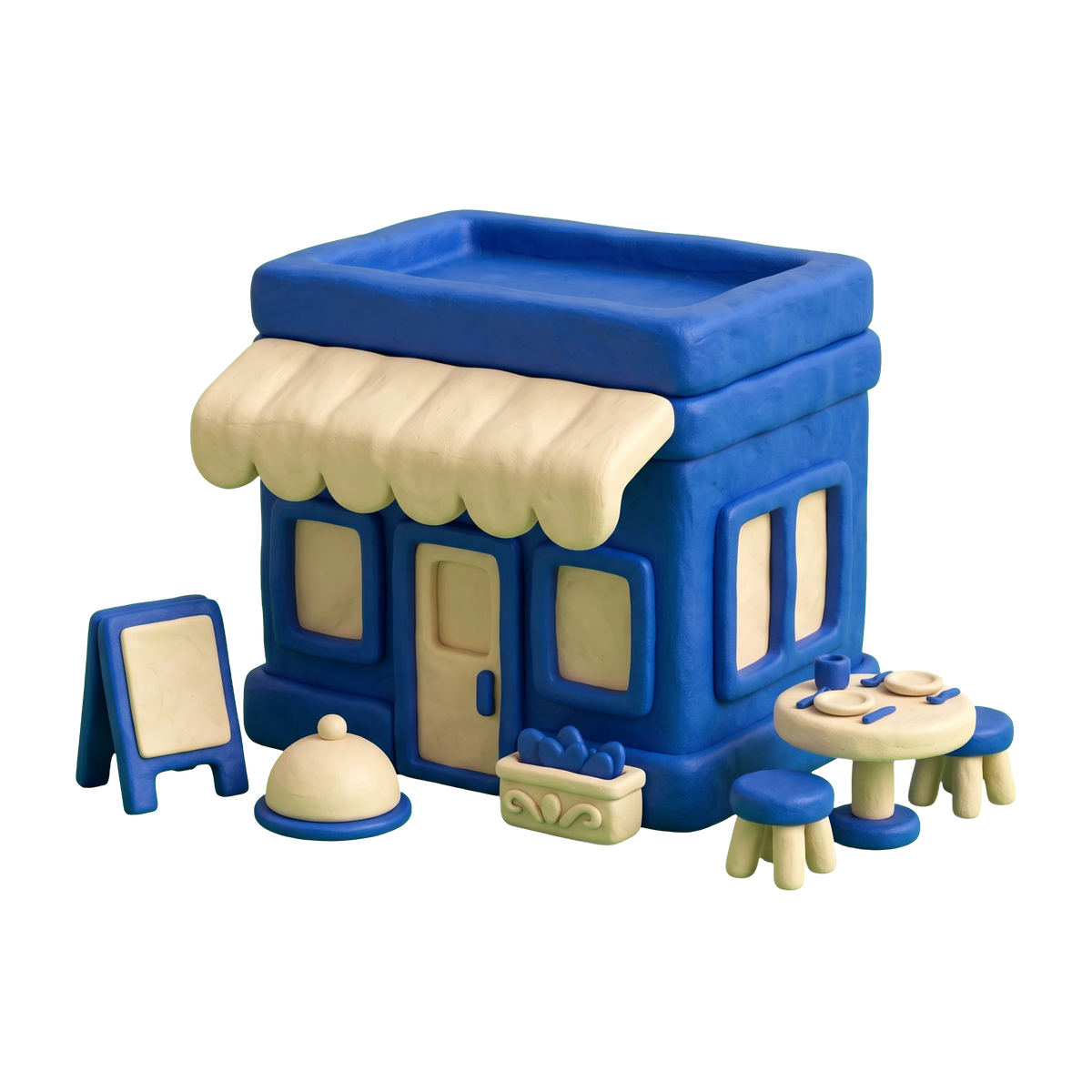 Halal restaurant illustration in blue and ivory clay