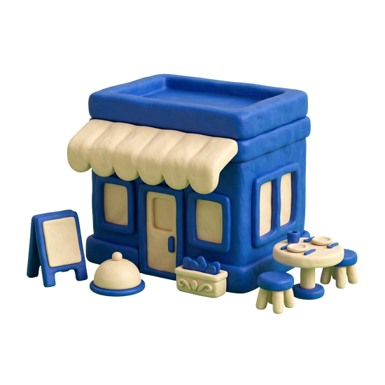 Halal restaurant illustration in blue and ivory clay