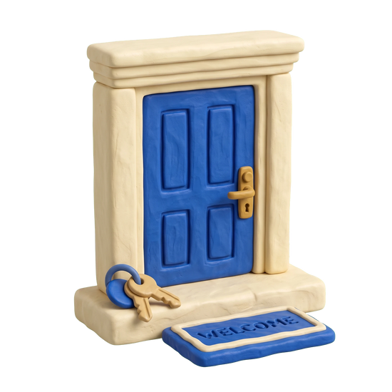 Halfway house illustration in blue and ivory clay