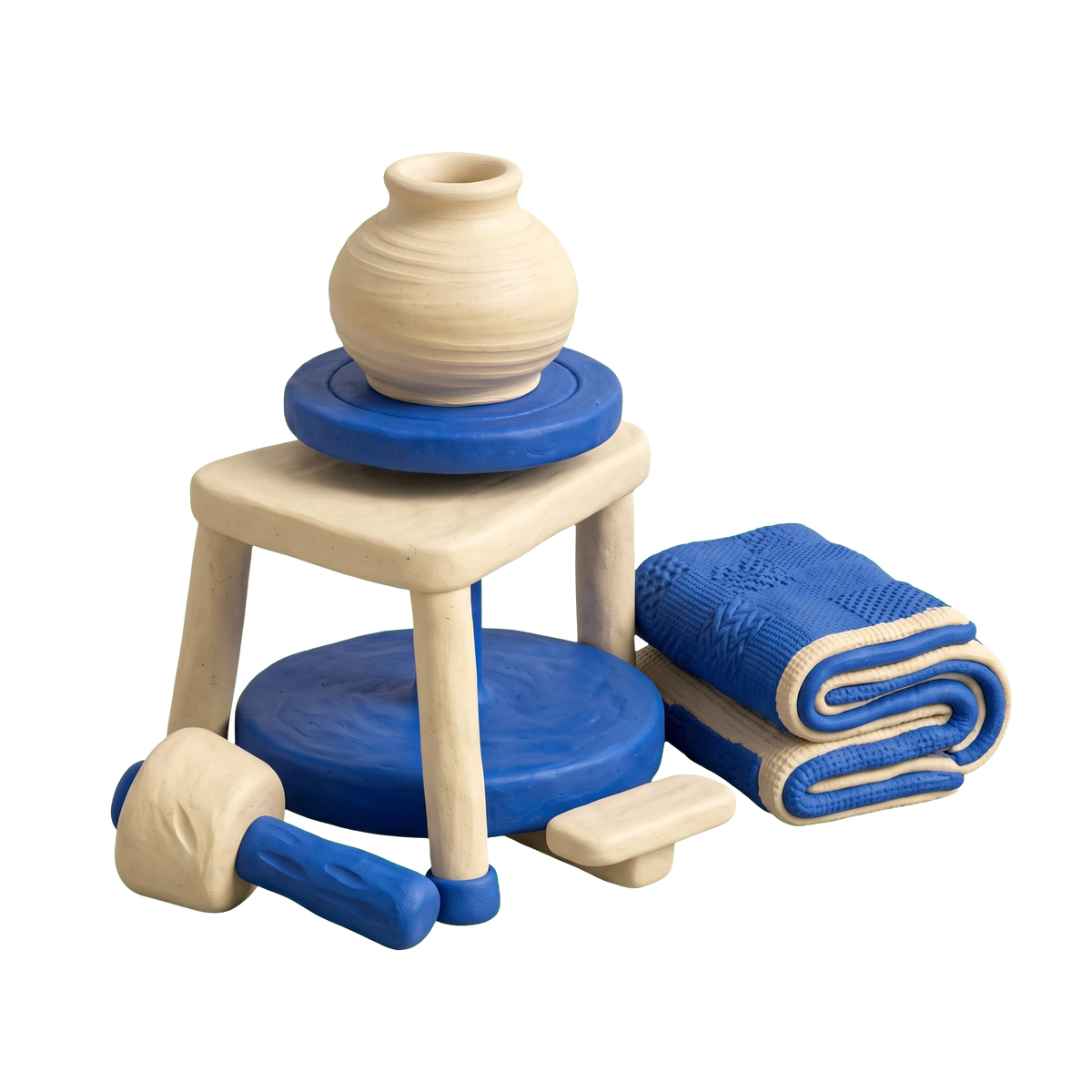 Handicraft illustration in blue and ivory clay