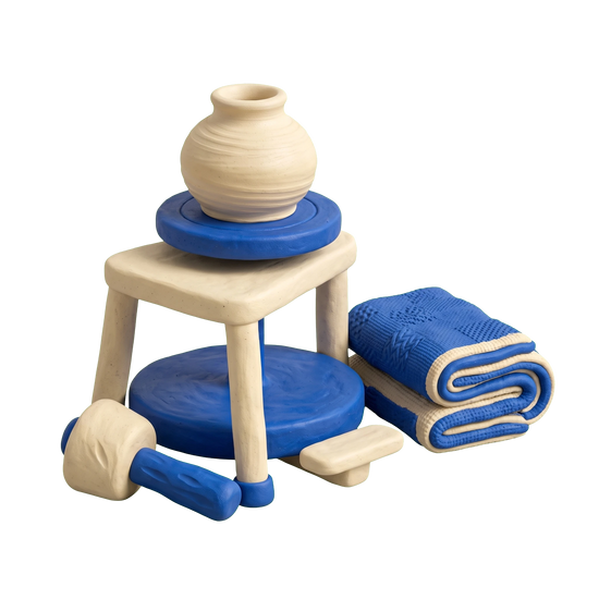 Handicraft illustration in blue and ivory clay