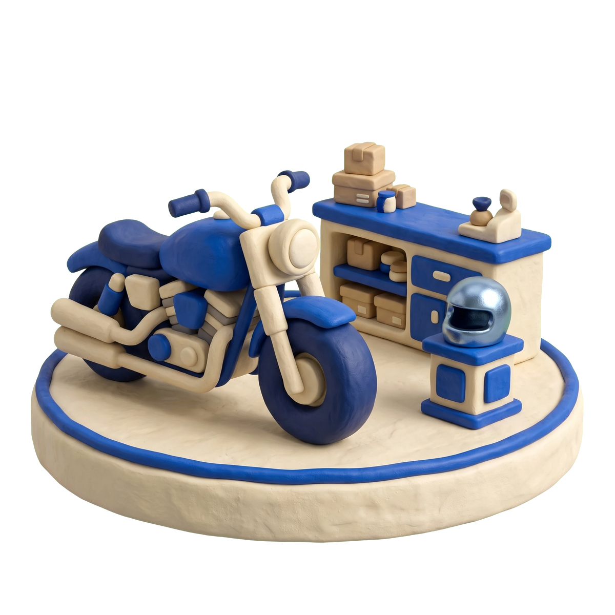 Harley-Davidson dealer illustration in blue and ivory clay