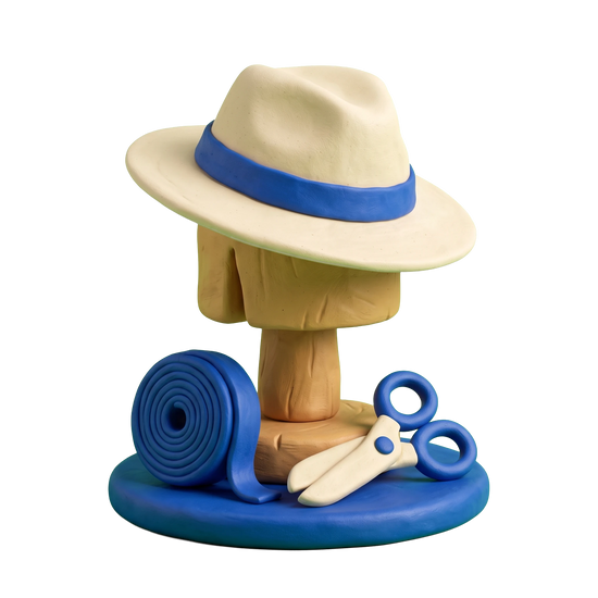 Hat shop illustration in blue and ivory clay